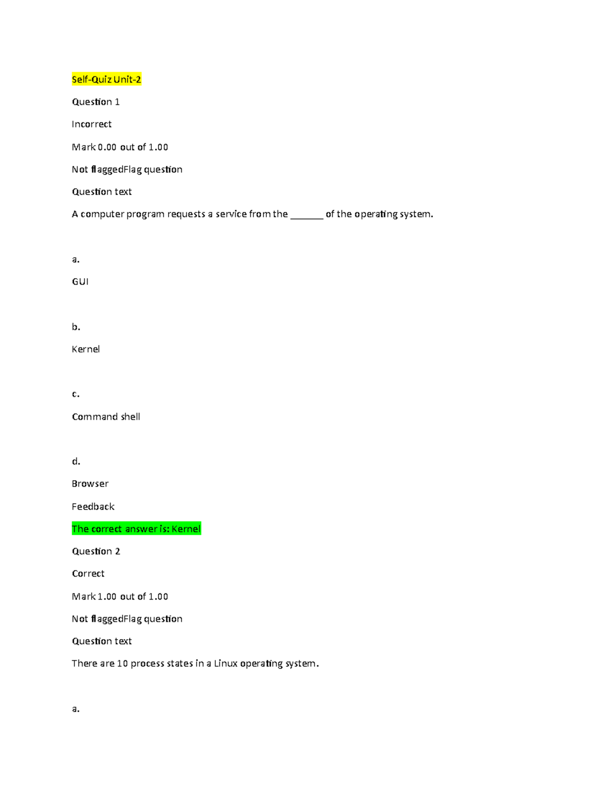 CS-2301 Self-Quiz Unit-2 - Self-Quiz Unit- Question 1 Incorrect Mark 0 ...