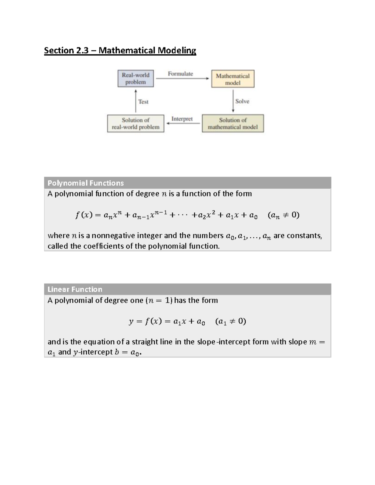 2 - math notes - Section 2 – Mathematical Modeling Polynomial Functions ...
