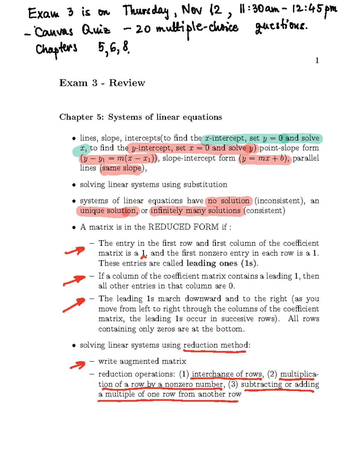 Exam 3-Review-filled in - 1 Exam 3 - Review Chapter 5: Systems of ...