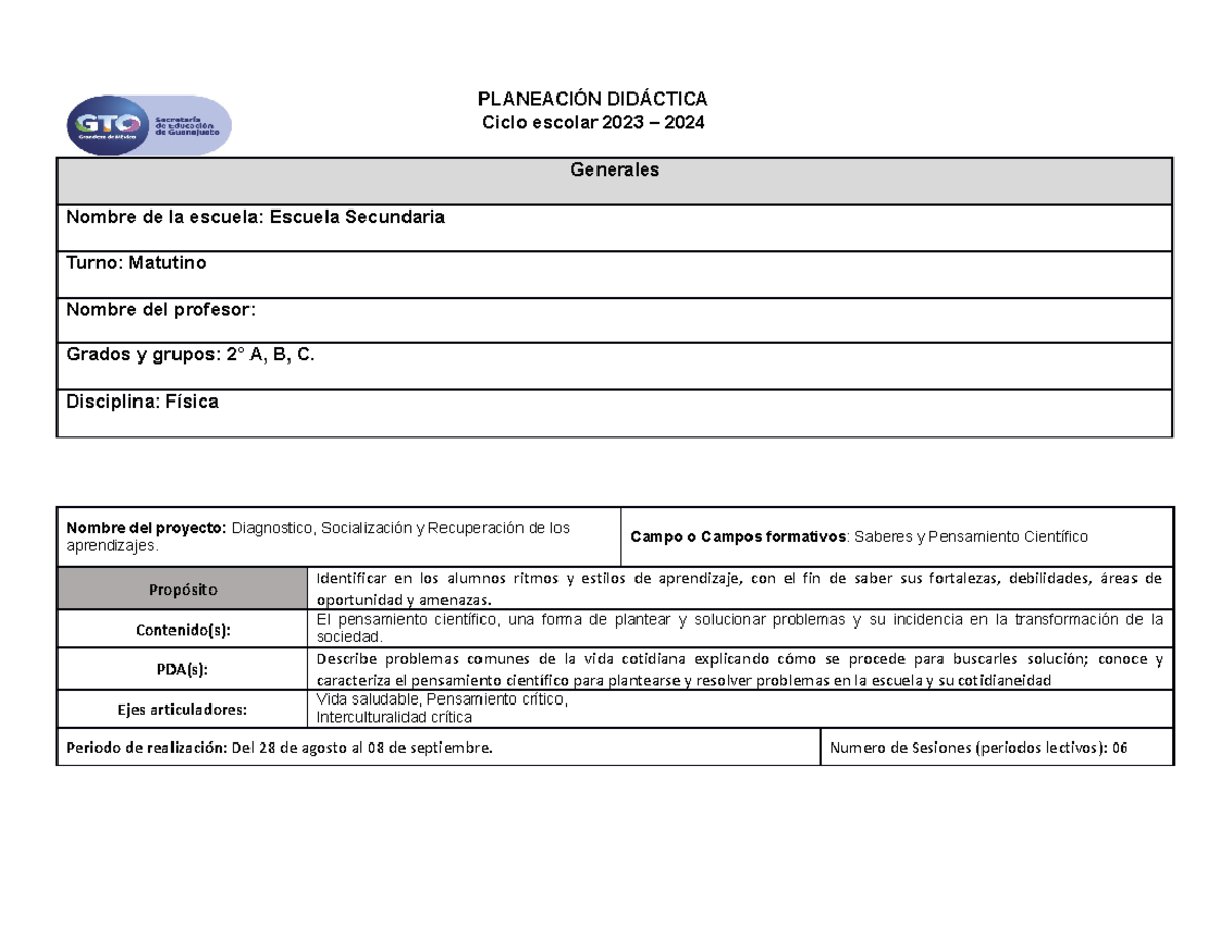 Formato Planeacion 2023 - PLANEACIÓN DIDÁCTICA Ciclo escolar 2023 ...