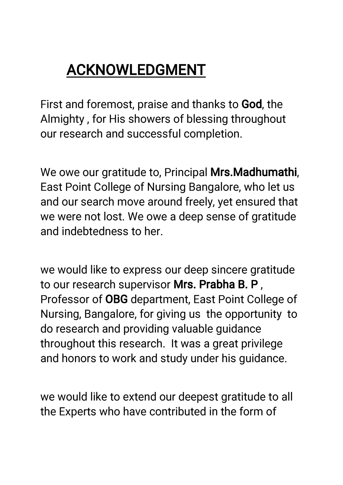 acknowledgement for god in research paper