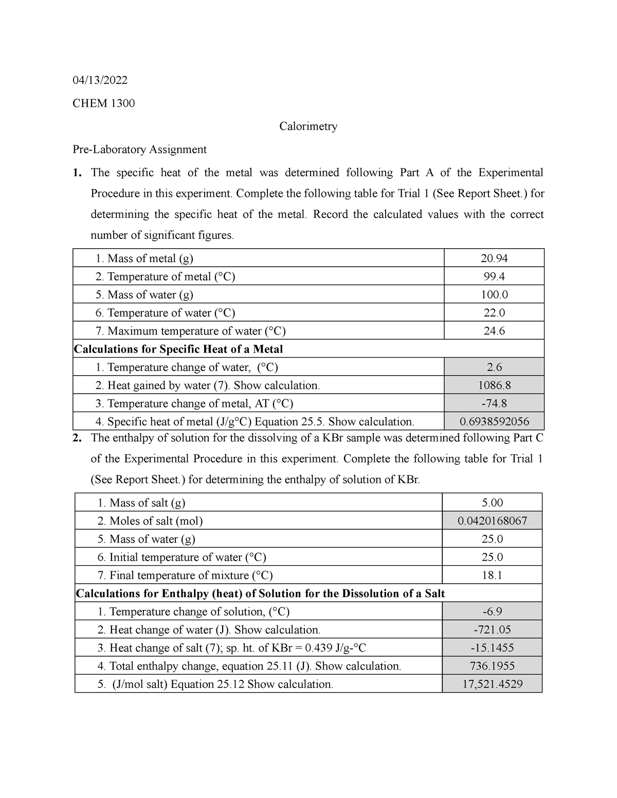 Calorimetry Lab Report 04/13/ CHEM 1300 Calorimetry Pre Laboratory