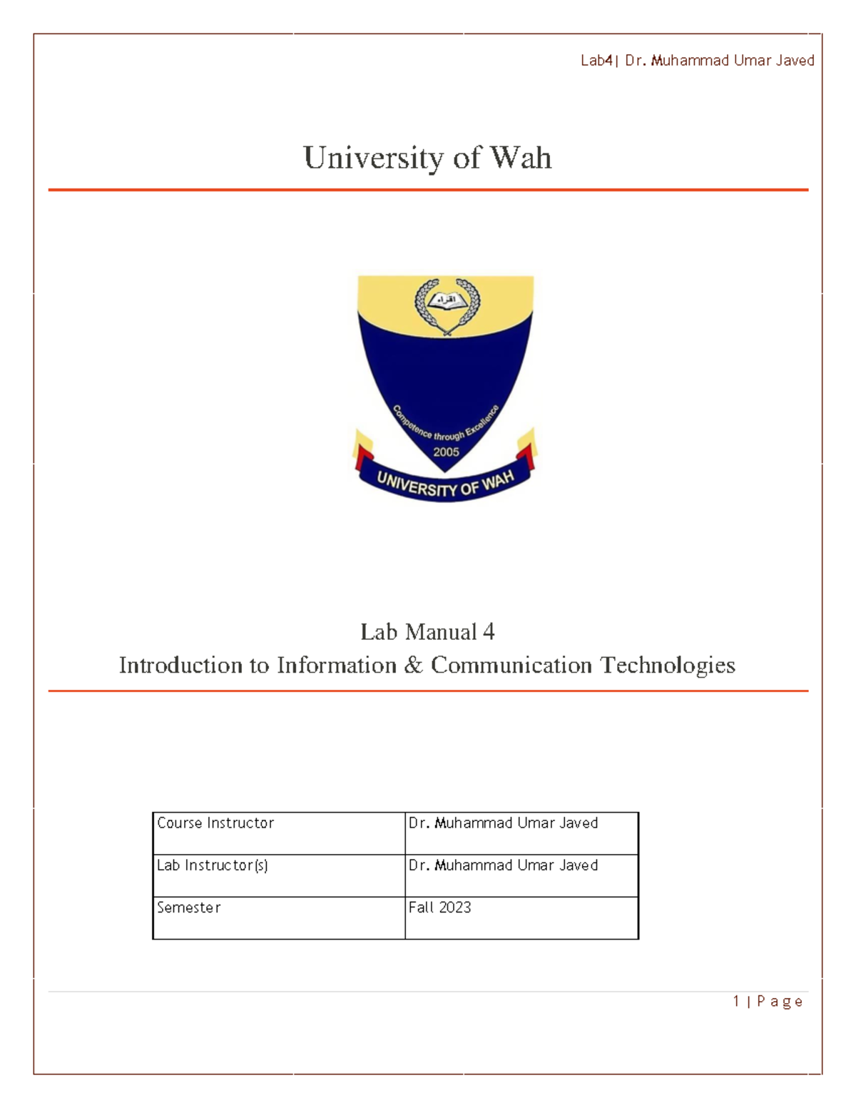 Lab4 Manual - c++ - University of Wah Lab Manual 4 Introduction to ...