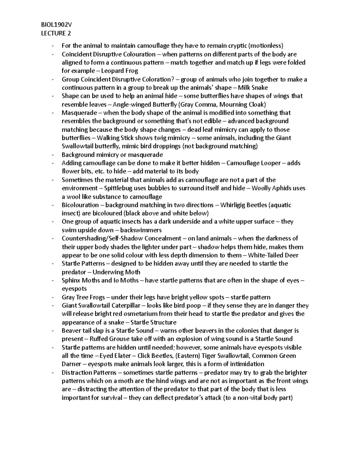 Lecture 2 - Mike Runtz - BIOL1902V LECTURE 2 For the animal to maintain ...