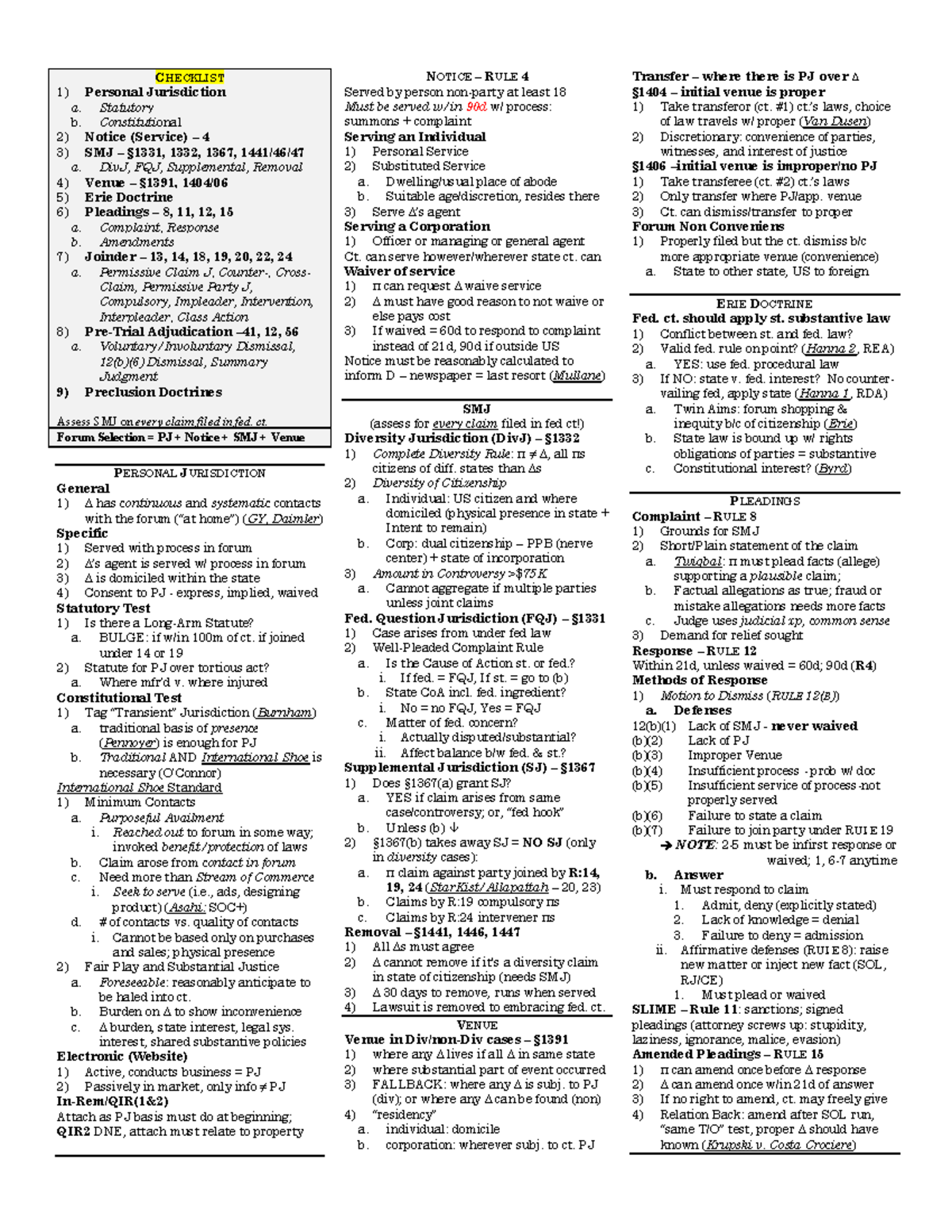 Civ Pro Attack Outline - CHECKLIST Personal Jurisdiction A. Statutory B ...