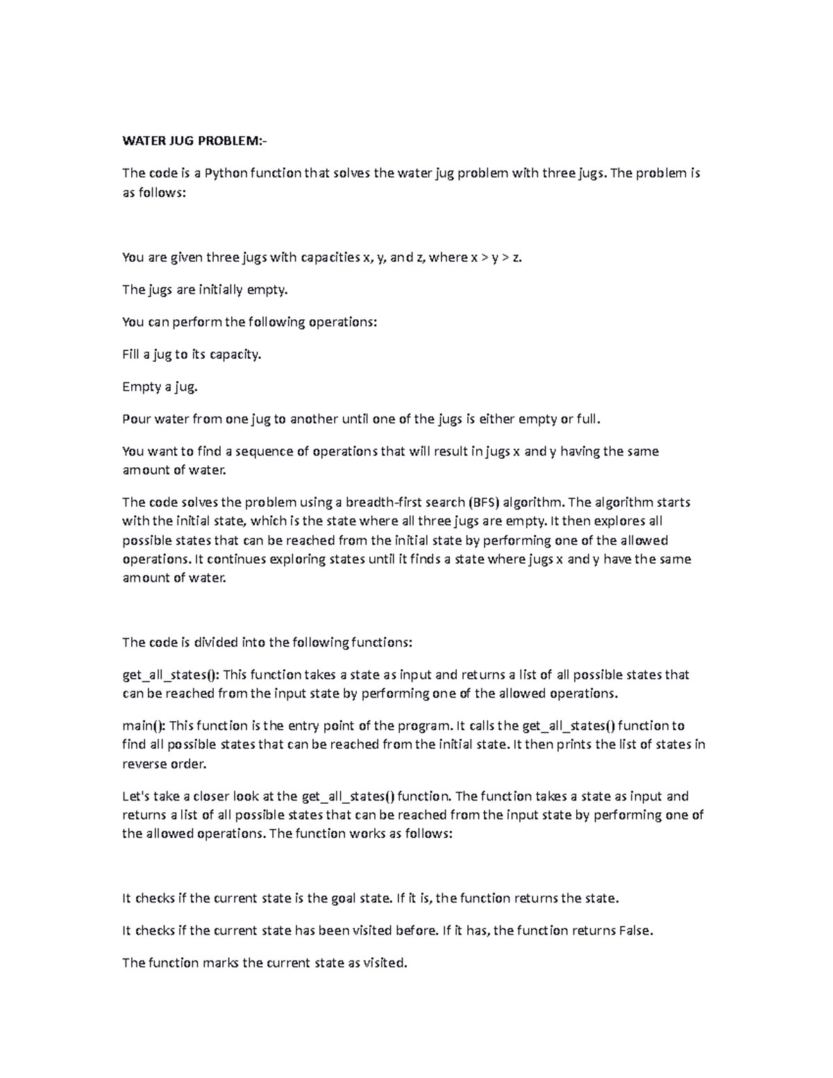 AI Water JUG Problem - WATER JUG PROBLEM:- The code is a Python ...