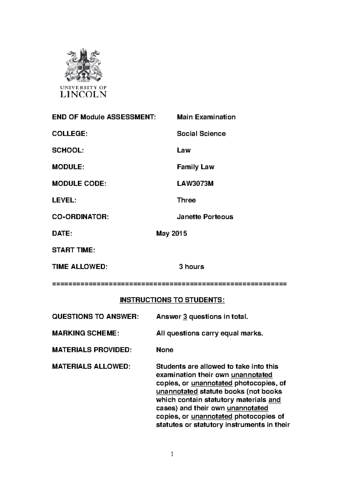 Exam May 2015, questions - END OF Module ASSESSMENT: Main Examination ...
