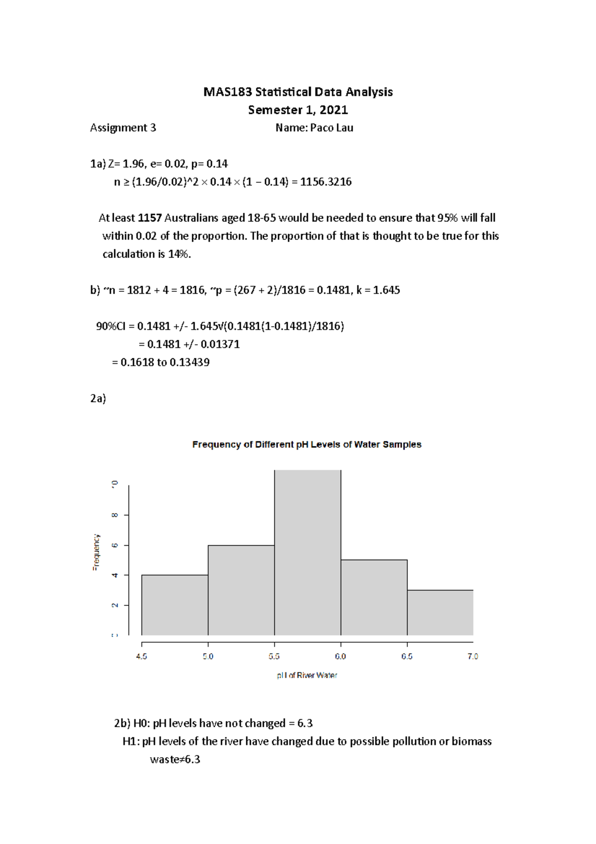 Mas183 Assignment 3 Paco Lau Mas183 Statistical Data Analysis Semester 1 2021 Assignment 3