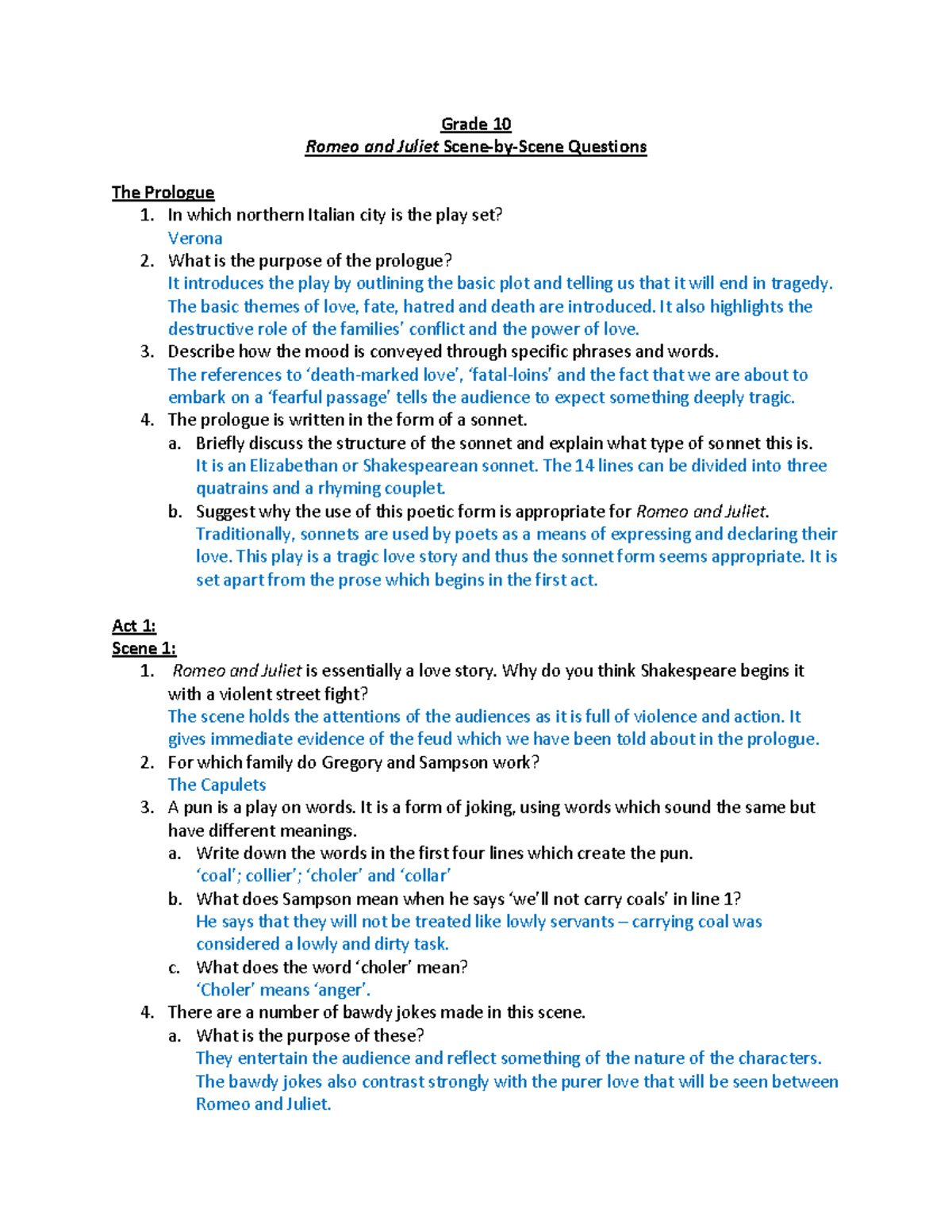 Grade 10 romeo and juliet scene by scene questions the - Grade 10 Romeo ...