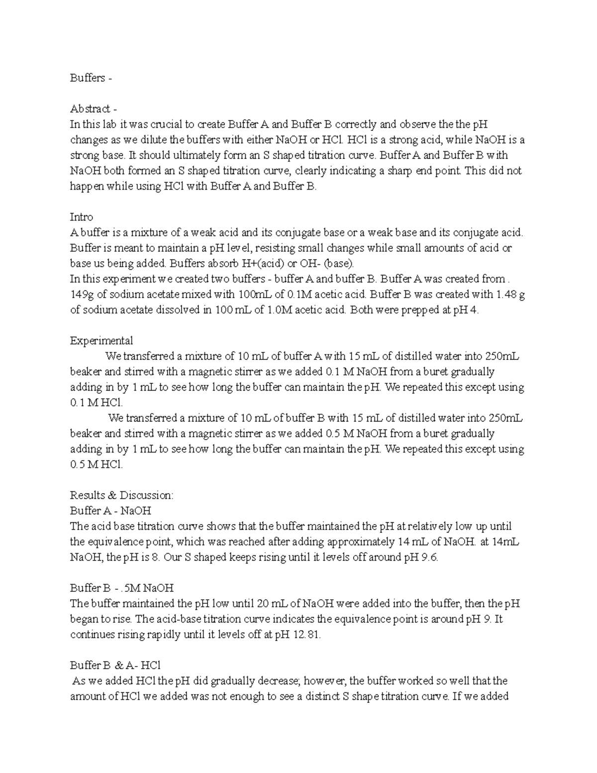 Buffers Laboratory report for calculus based general chemistry and/or