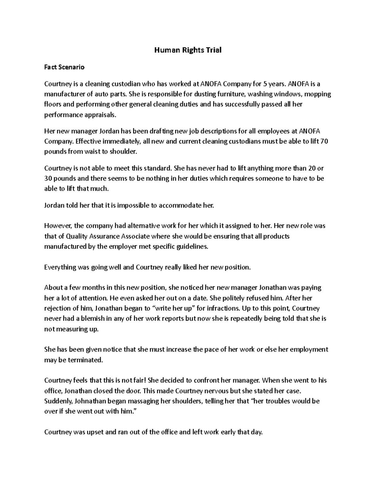 Human Rights Scenario Fall 2020 - Human Rights Trial Fact Scenario ...