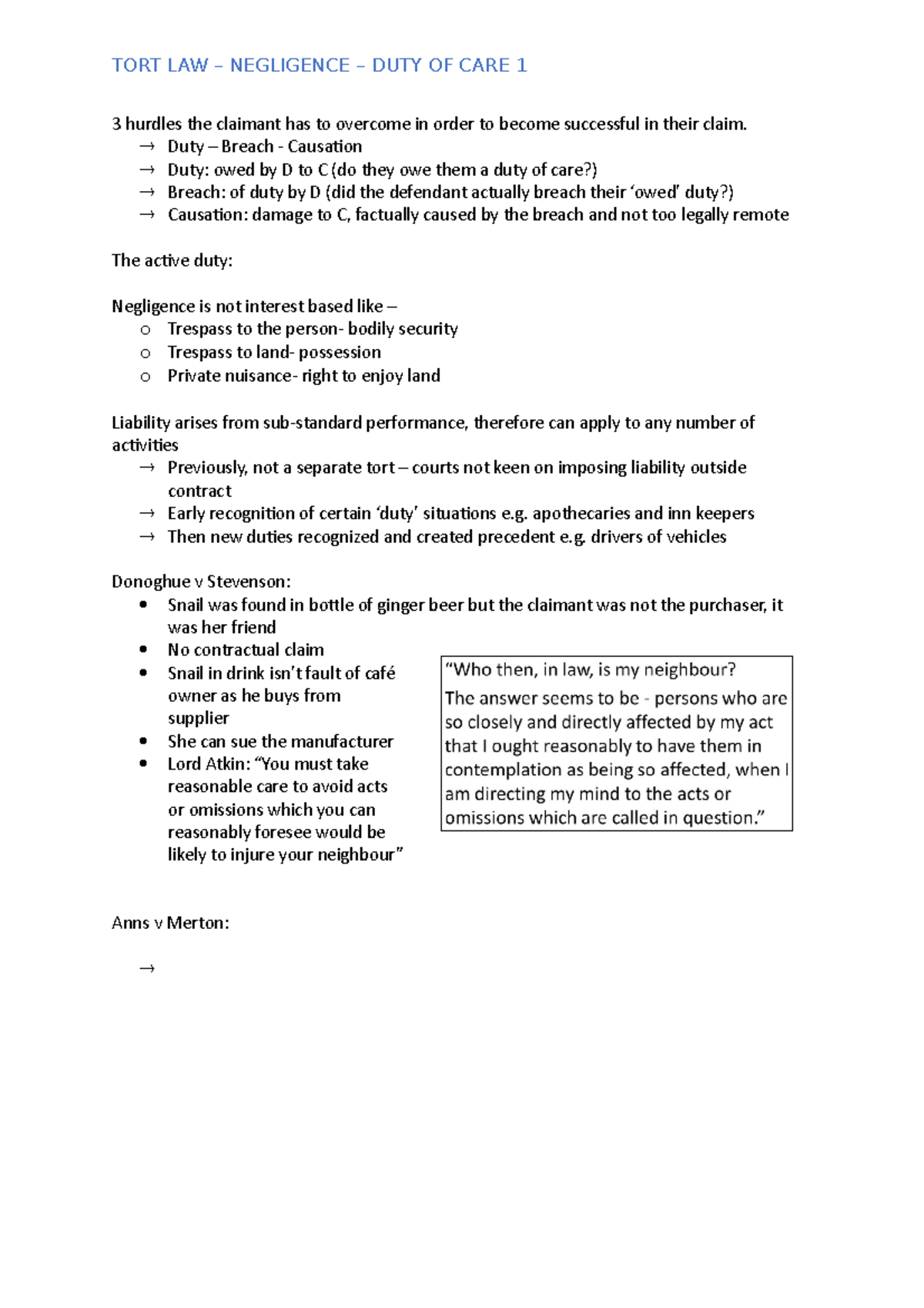 TORT - Negligence - DUTY OF CARE 1 - TORT LAW – NEGLIGENCE – DUTY OF ...