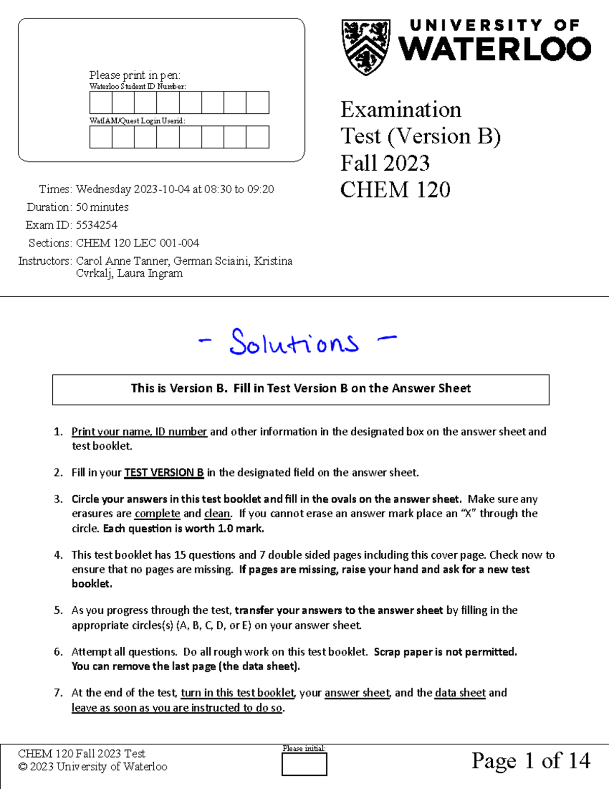 Sample Test Version B CHEM 120 Fall 2023 - Solutions V 2 - ϭ͘ - Studocu