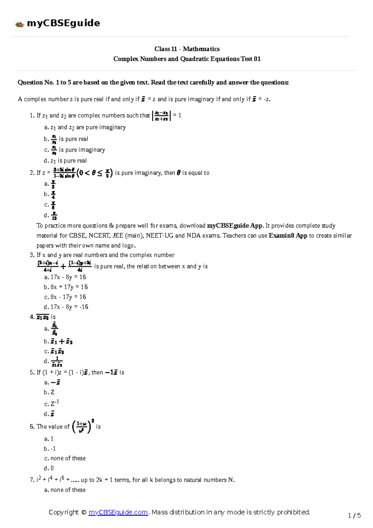 11 maths complexnumber tp01 - Class 11 - Mathematics Complex Numbers ...