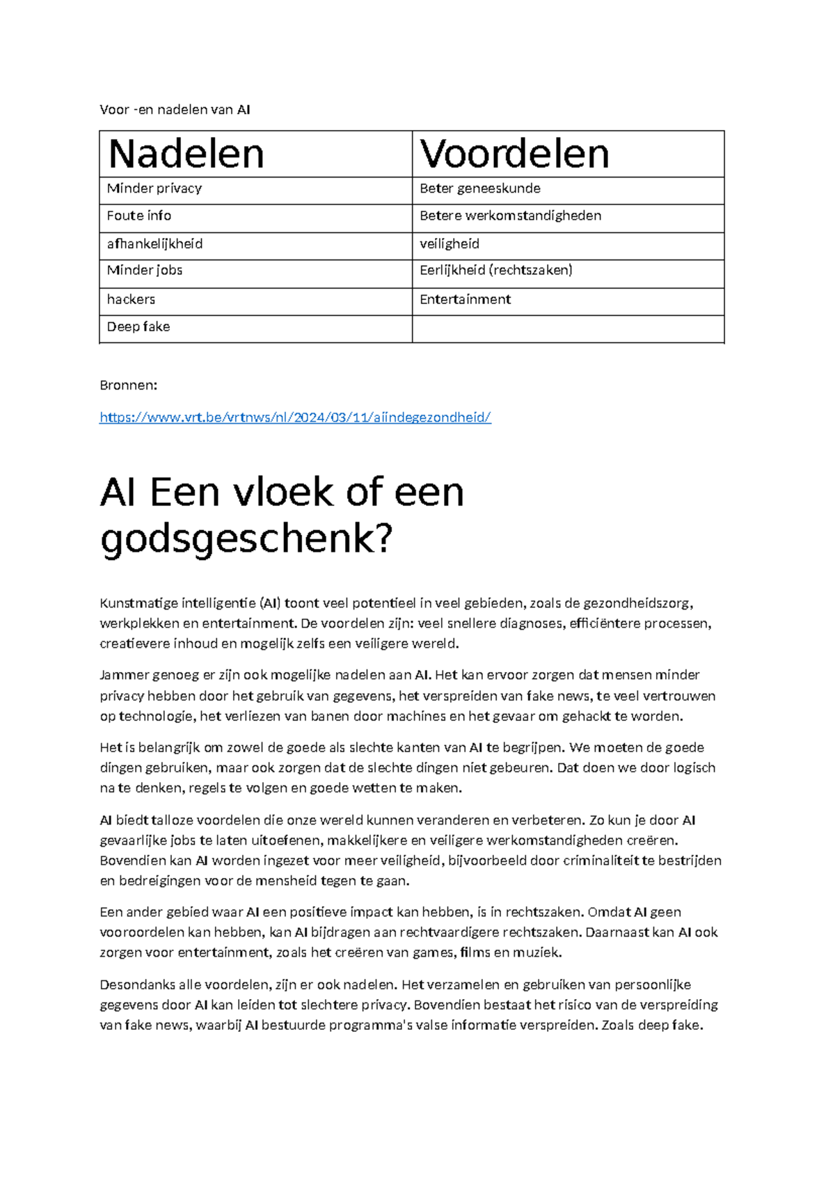 Voor en nadelen AI Voor en nadelen van AI Nadelen Voordelen Minder privacy Beter geneeskunde