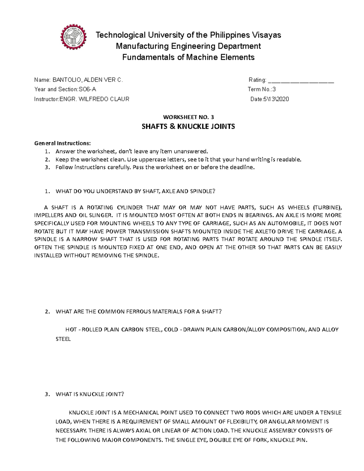 Worksheet NO 3 Shafts Knuckle Joints Technological University of the