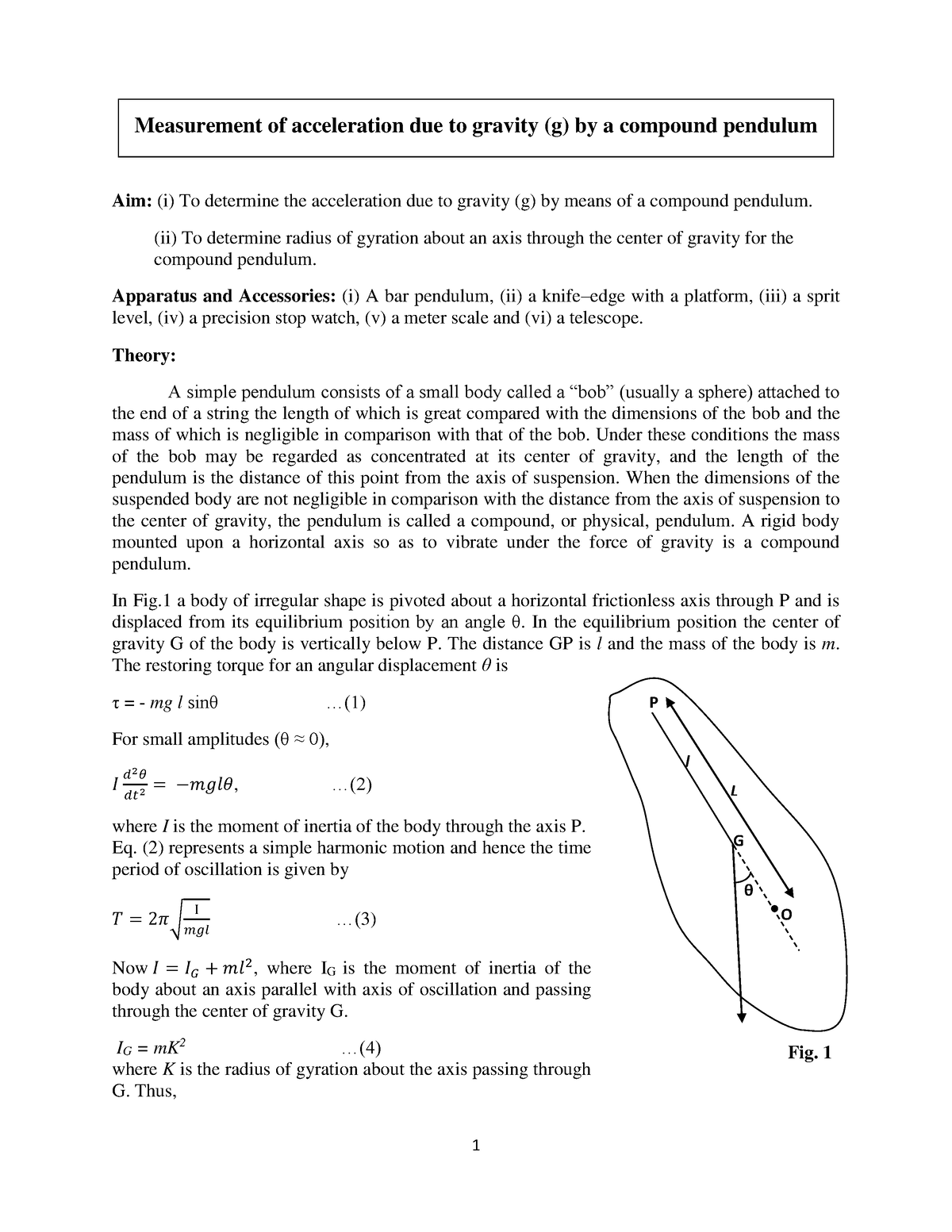 Compound Pendulum Measurement Of Acceleration Due To Gravity G