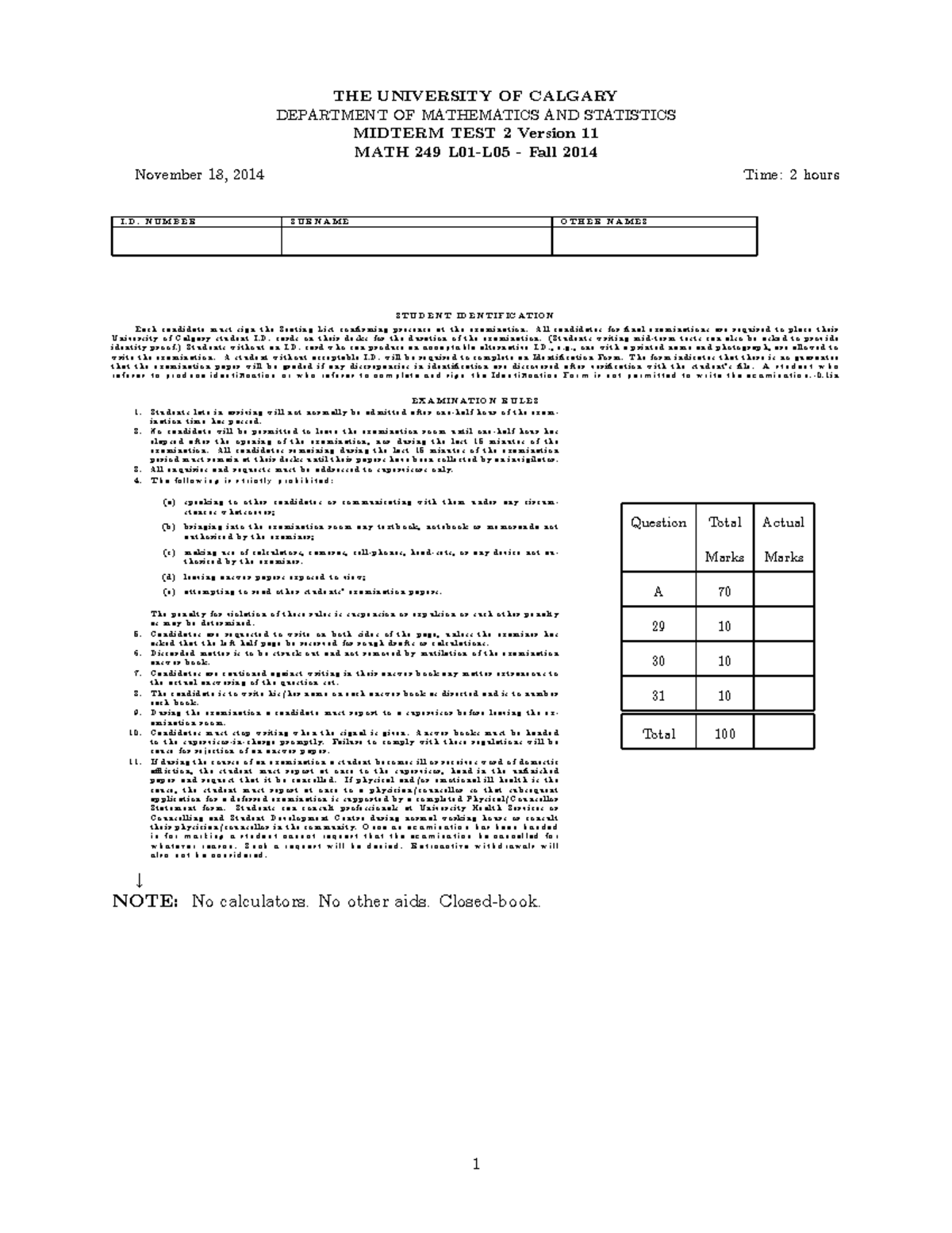 Midterm 2, questions - THE UNIVERSITY OF CALGARY DEPARTMENT OF ...
