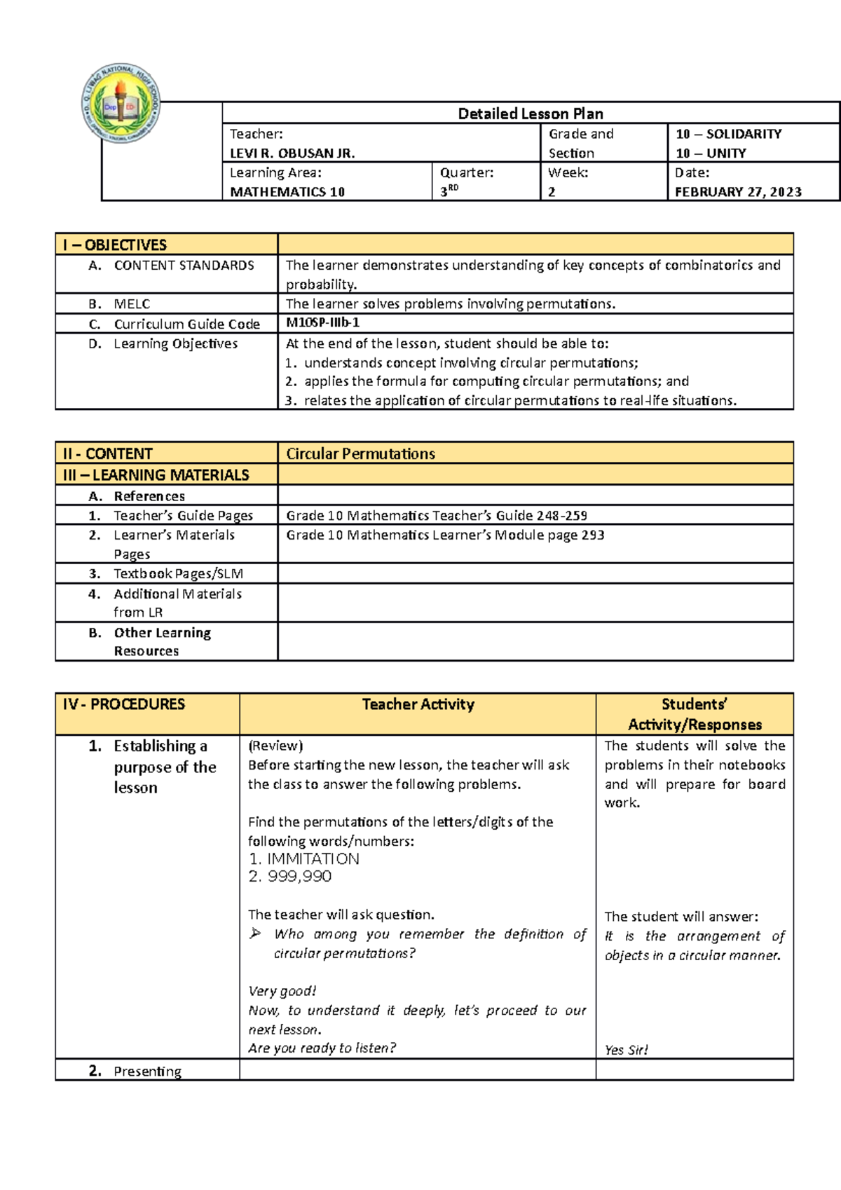 Mathematics 10 Week2 Day 5 - Detailed Lesson Plan Teacher: Levi R 