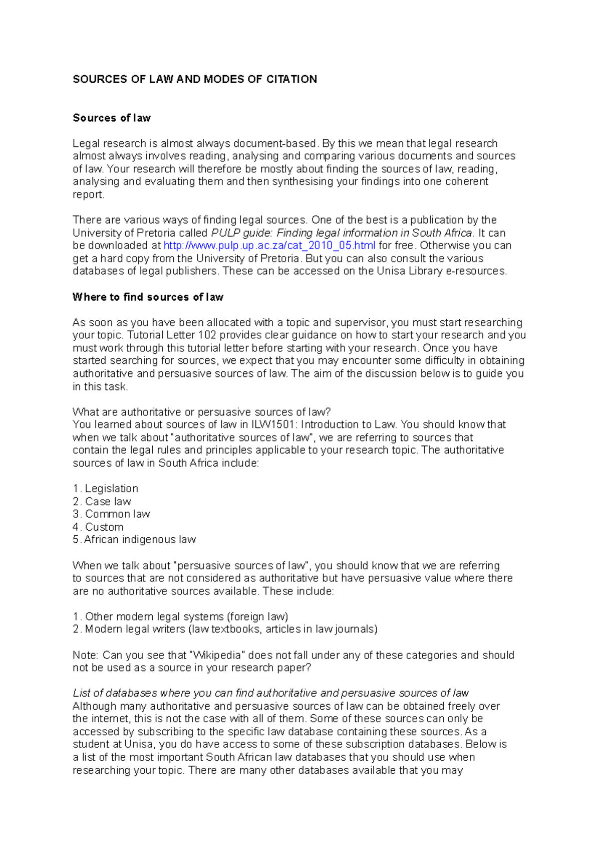 Prescribed referencing style - SOURCES OF LAW AND MODES OF CITATION ...