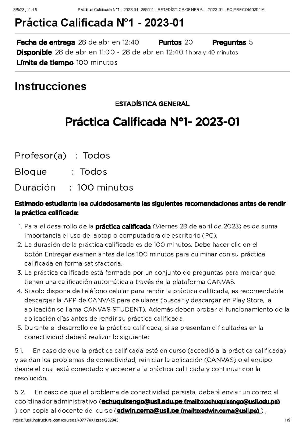 Estadistica PC1 - Práctica Calificada N°1 - 2023- Fecha De Entrega 28 ...