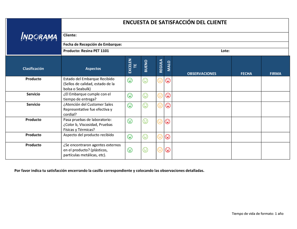 Encuesta De Satisfacción Del Cliente Tiempo De Vida De Formato 1 AÒo Encuesta De Satisfacci”n 4903