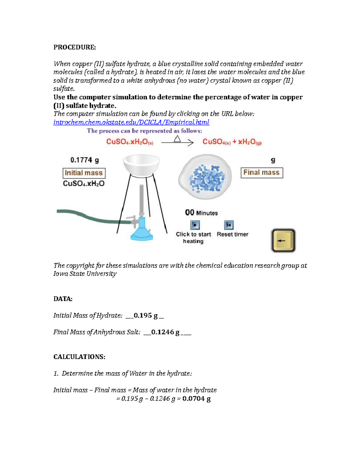 Hydrates lab NOTES PROCEDURE When copper (II) sulfate hydrate, a