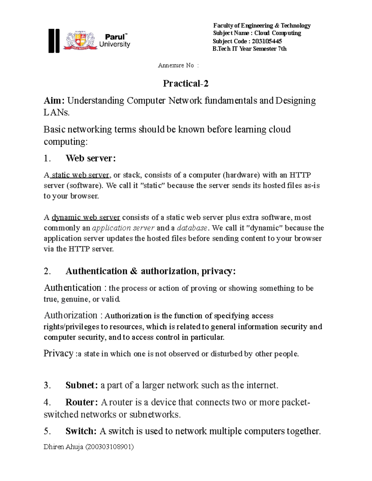Practical 2 - Subject Name : Cloud Computing Subject Code : 203105445 B ...