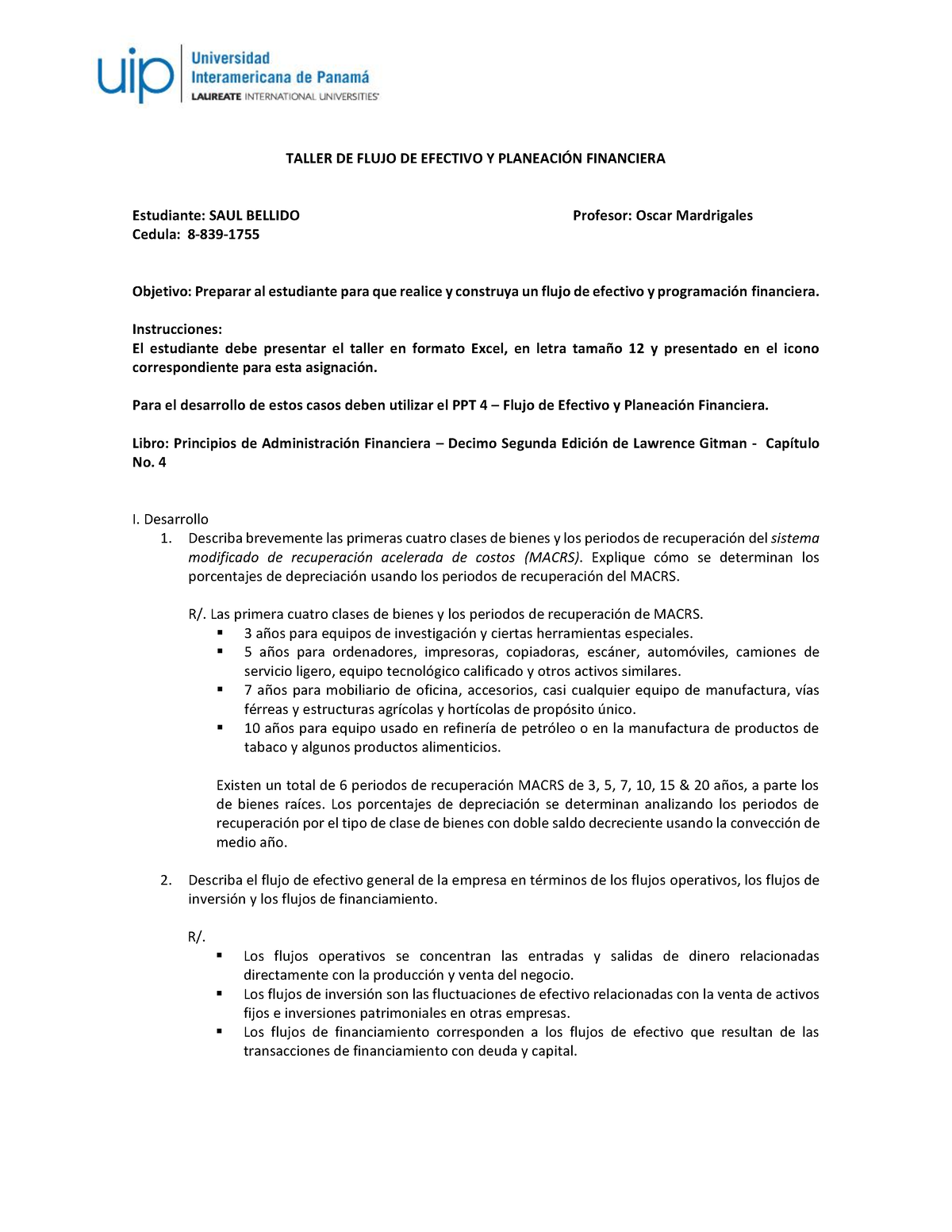 Taller - Flujo DE Efectivo - Planeación Financiera - TALLER DE FLUJO DE ...