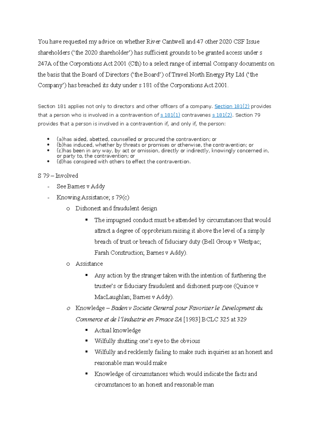 s 181 cases corporate law You have requested my advice on whether