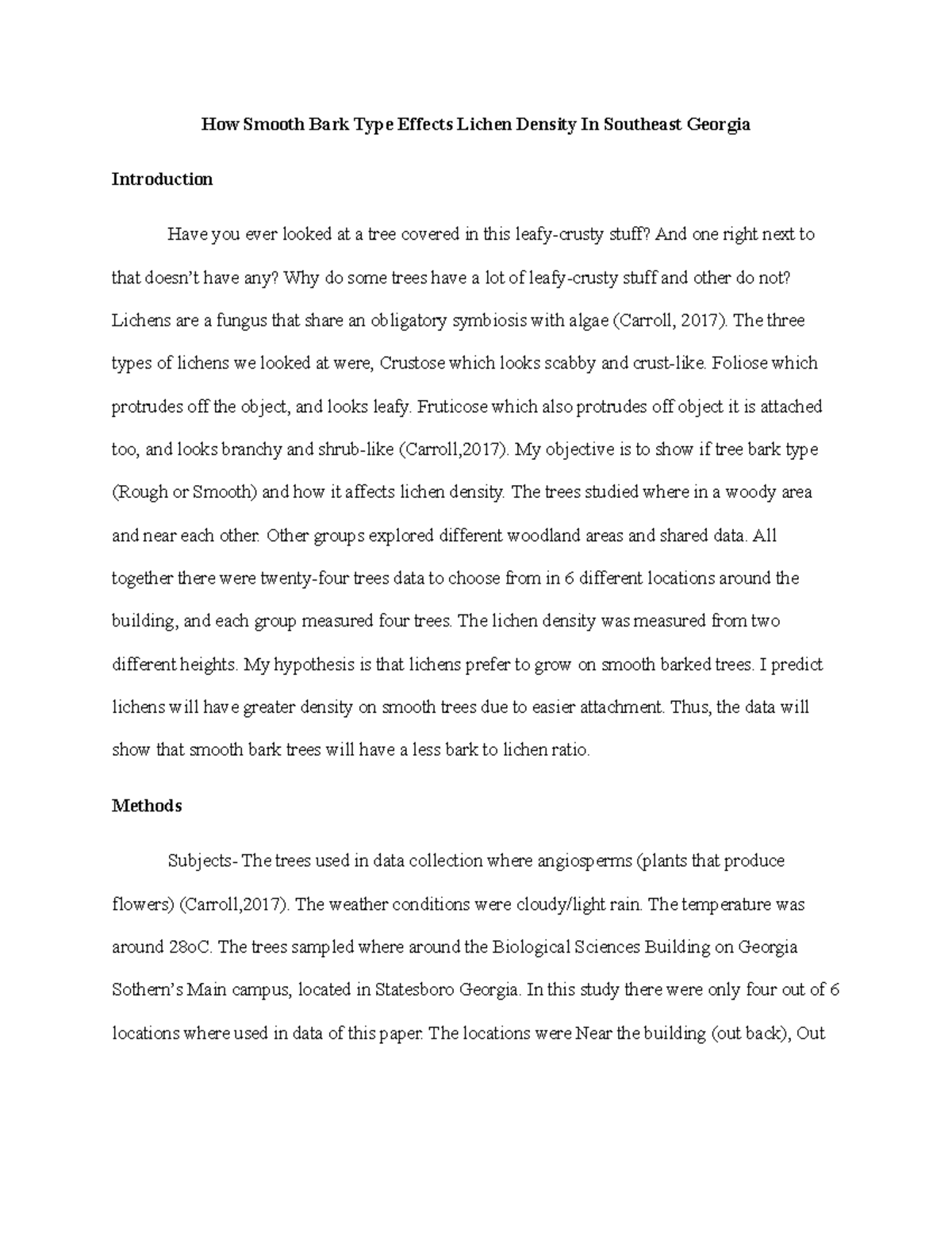 Lichen Paper - How Smooth Bark Type Effects Lichen Density In Southeast ...