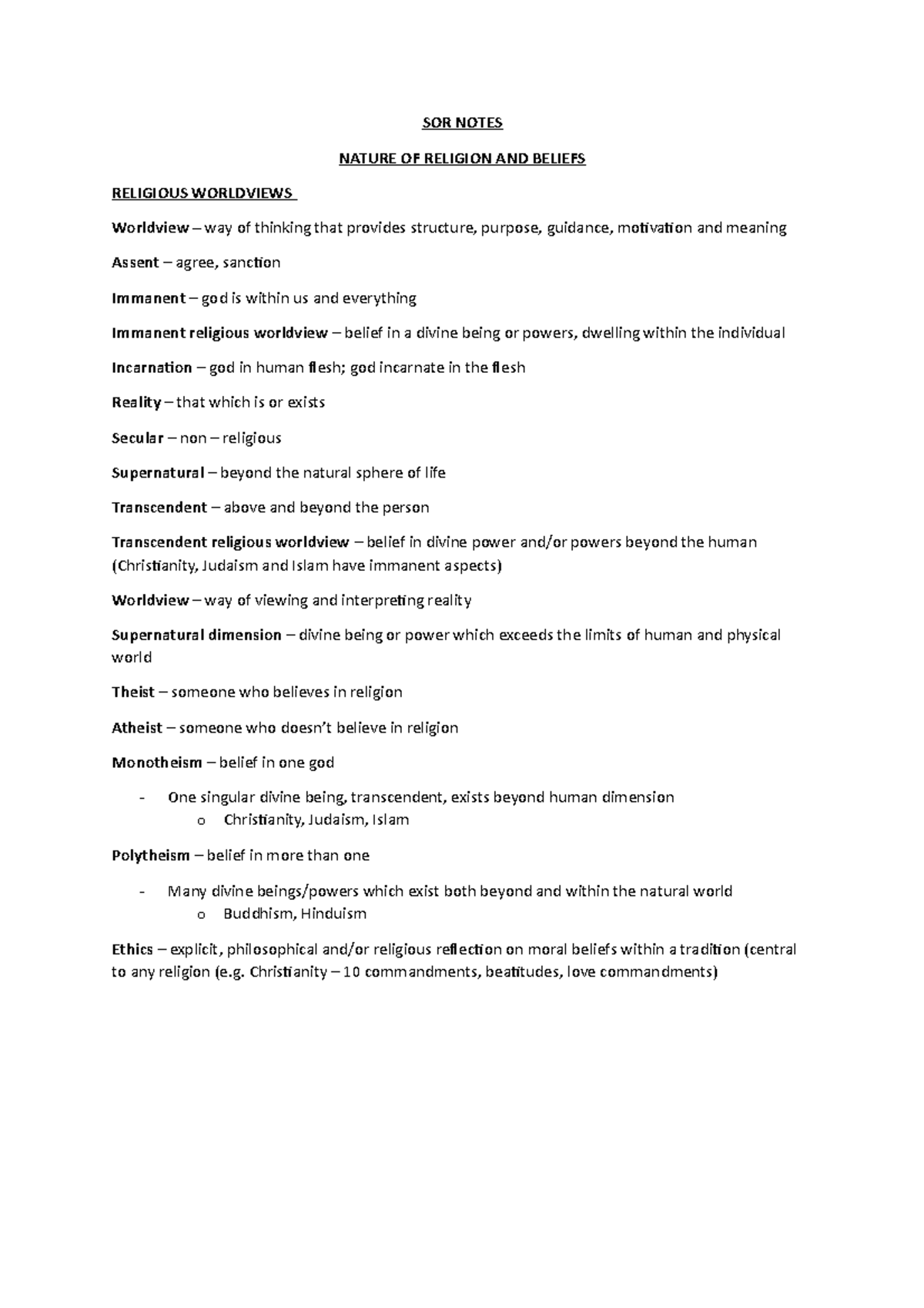 SOR 2U Notes, Nature of Religion and Beliefs, Aboriginal Beliefs and ...
