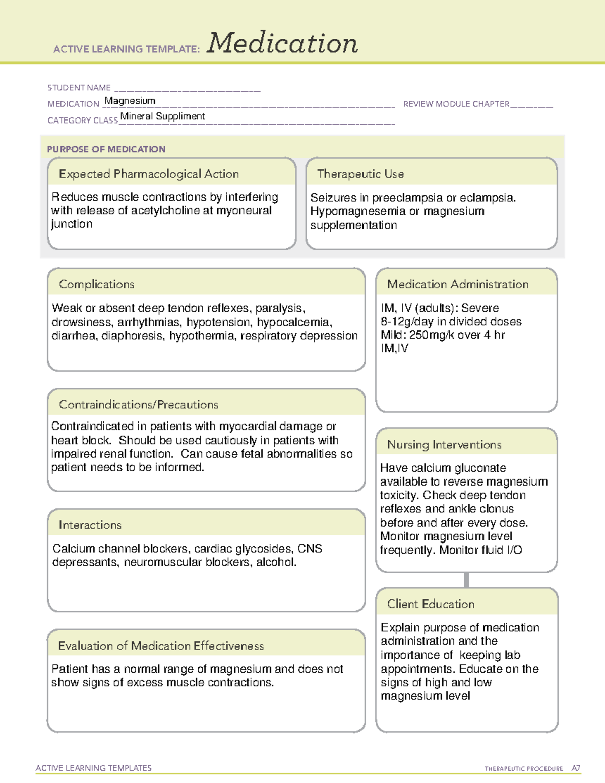 ATI Magnesium Medication Sheet - ACTIVE LEARNING TEMPLATES THERAPEUTIC ...