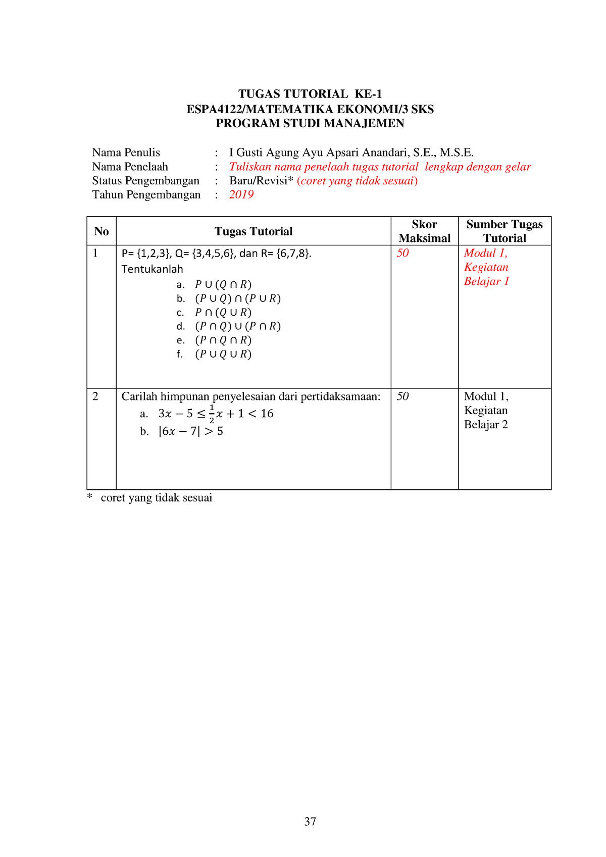 Matematika Tutorial 1 - 37 TUGAS TUTORIAL KE- 1 ESPA4 122 /MATEMATIKA ...