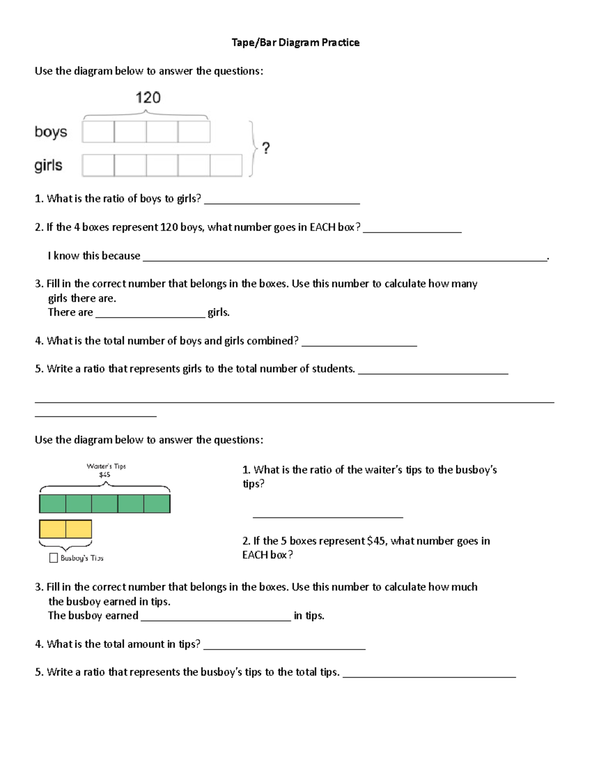 Tape Diagram Practice onlevel Tape/Bar Diagram Practice Use the