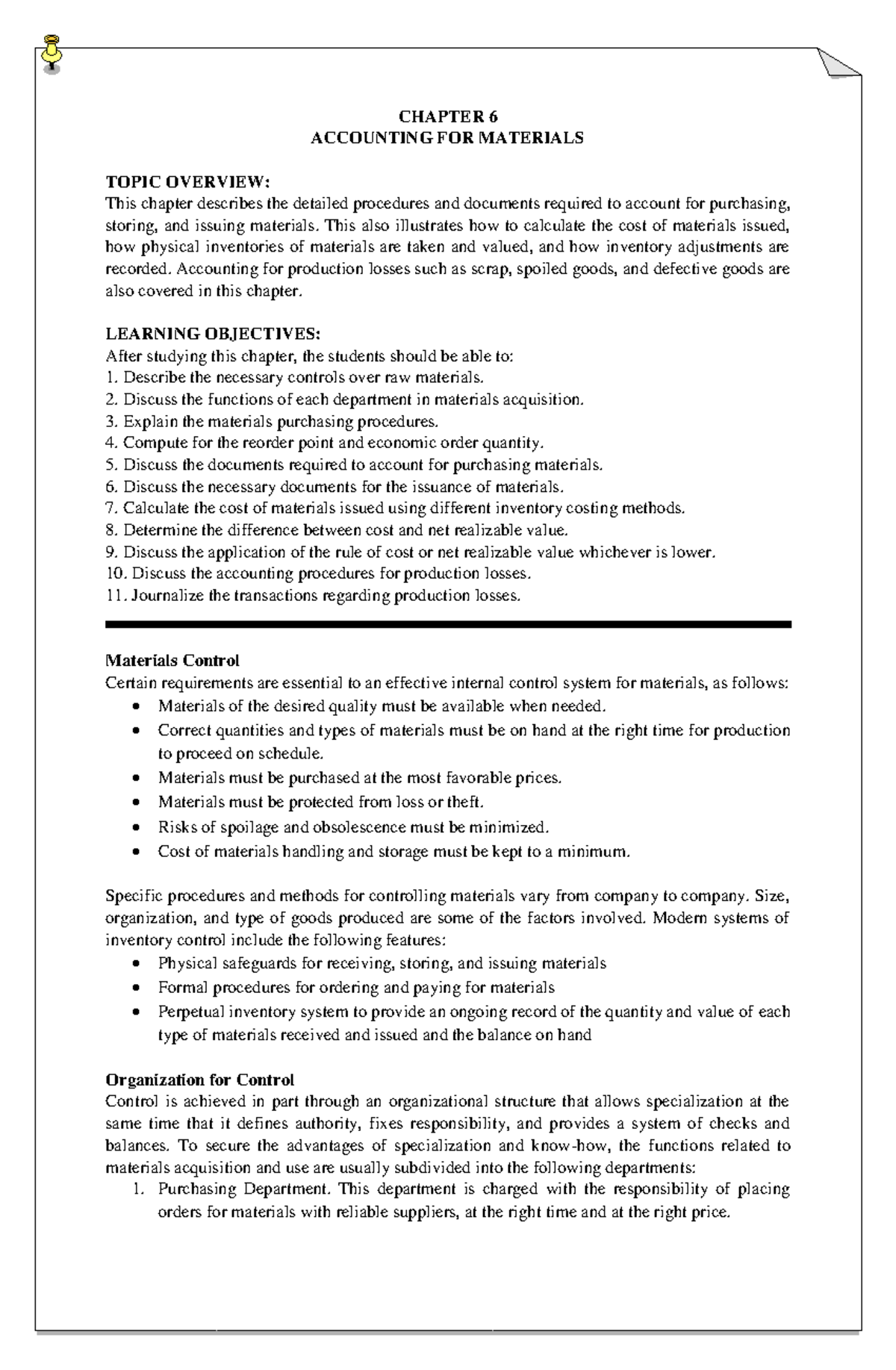 Chapter 6 - Good - CHAPTER 6 ACCOUNTING FOR MATERIALS TOPIC OVERVIEW ...