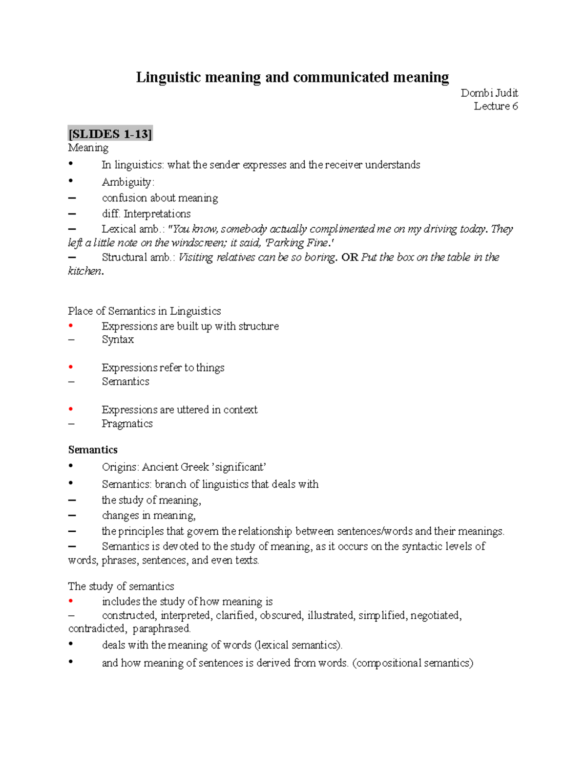 Notes Lecture 6 Linguistic Meaning And Communicated Meaning Studocu