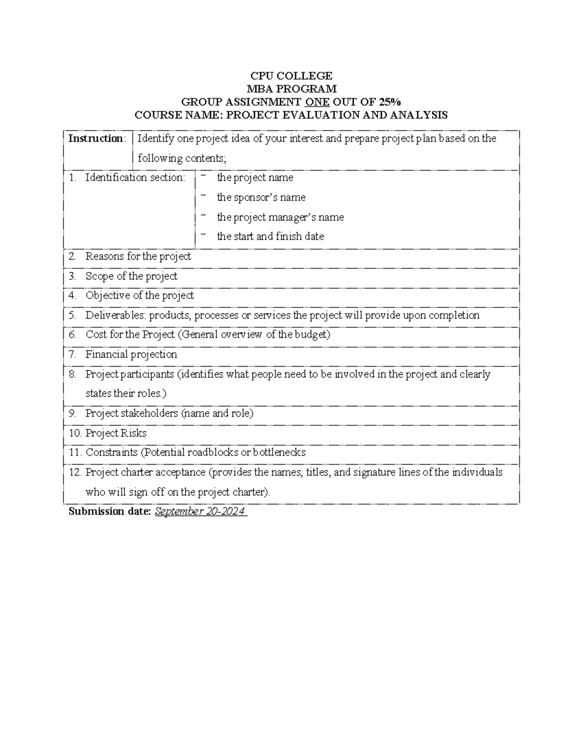 Project Plan content - assignment - CPU COLLEGE MBA PROGRAM GROUP ...