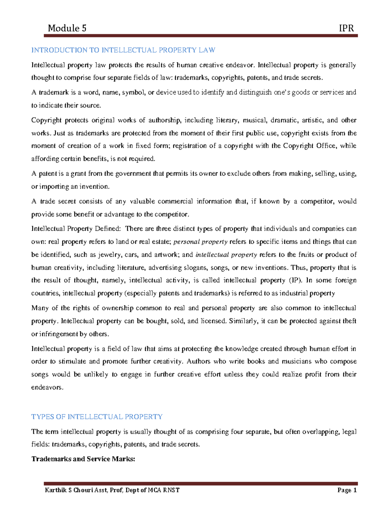 Module 5 IPRnotes - NOTES - INTRODUCTION TO INTELLECTUAL PROPERTY LAW ...