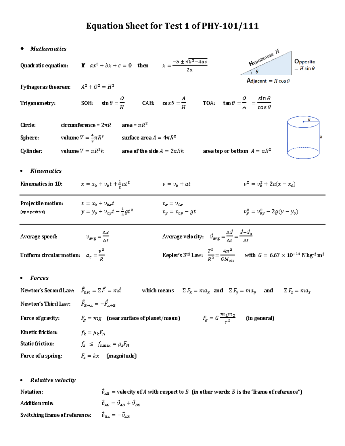 Equation-sheet Physics-1 Test-1 - Equation Sheet for Test 1 of PHY-101 ...