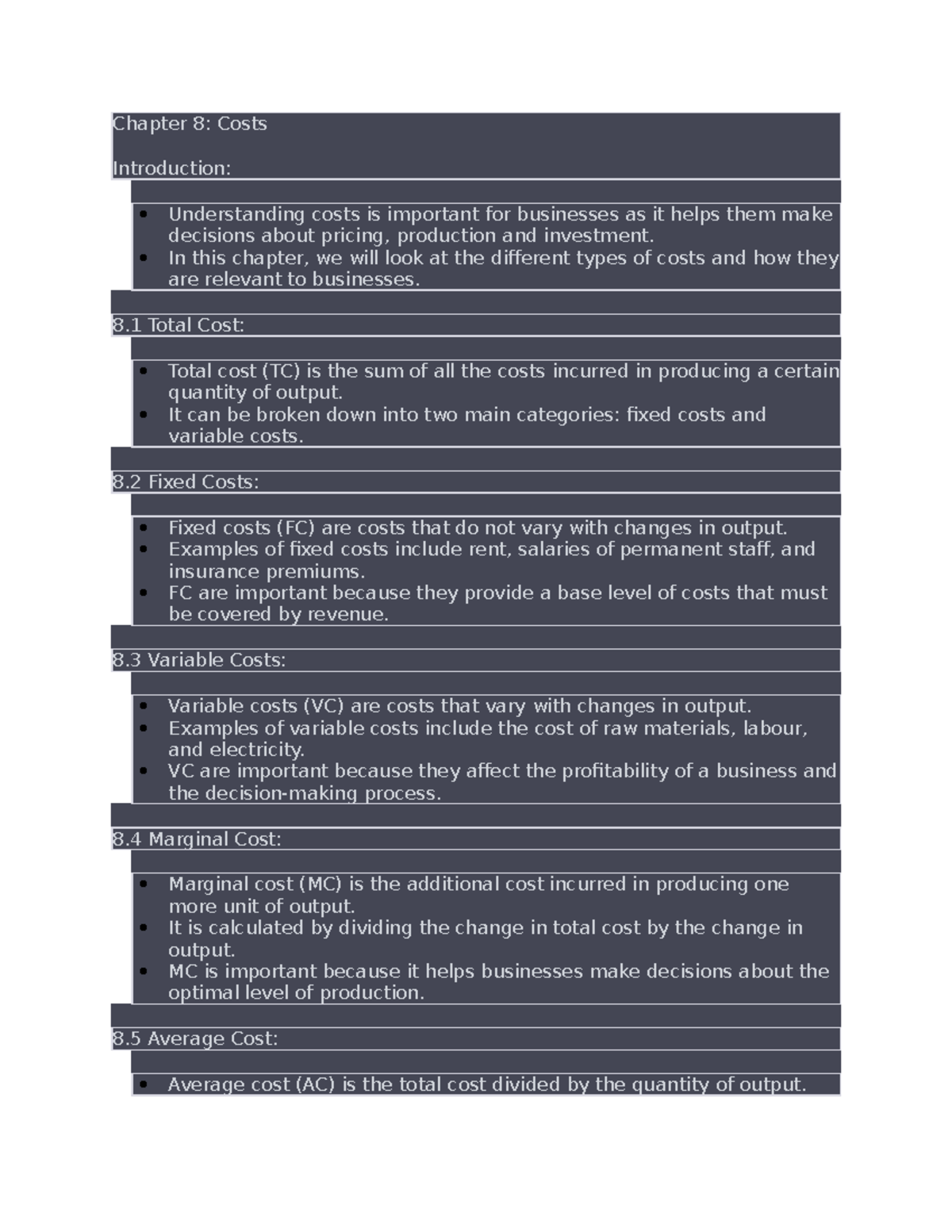 Economics 214 Chapter 8 Costs Chapter 8 Costs Introduction Understanding Costs Is Important Economics 214 Chapter 8 Costs Chapter 8 Costs Introduction Understanding Costs Is Important