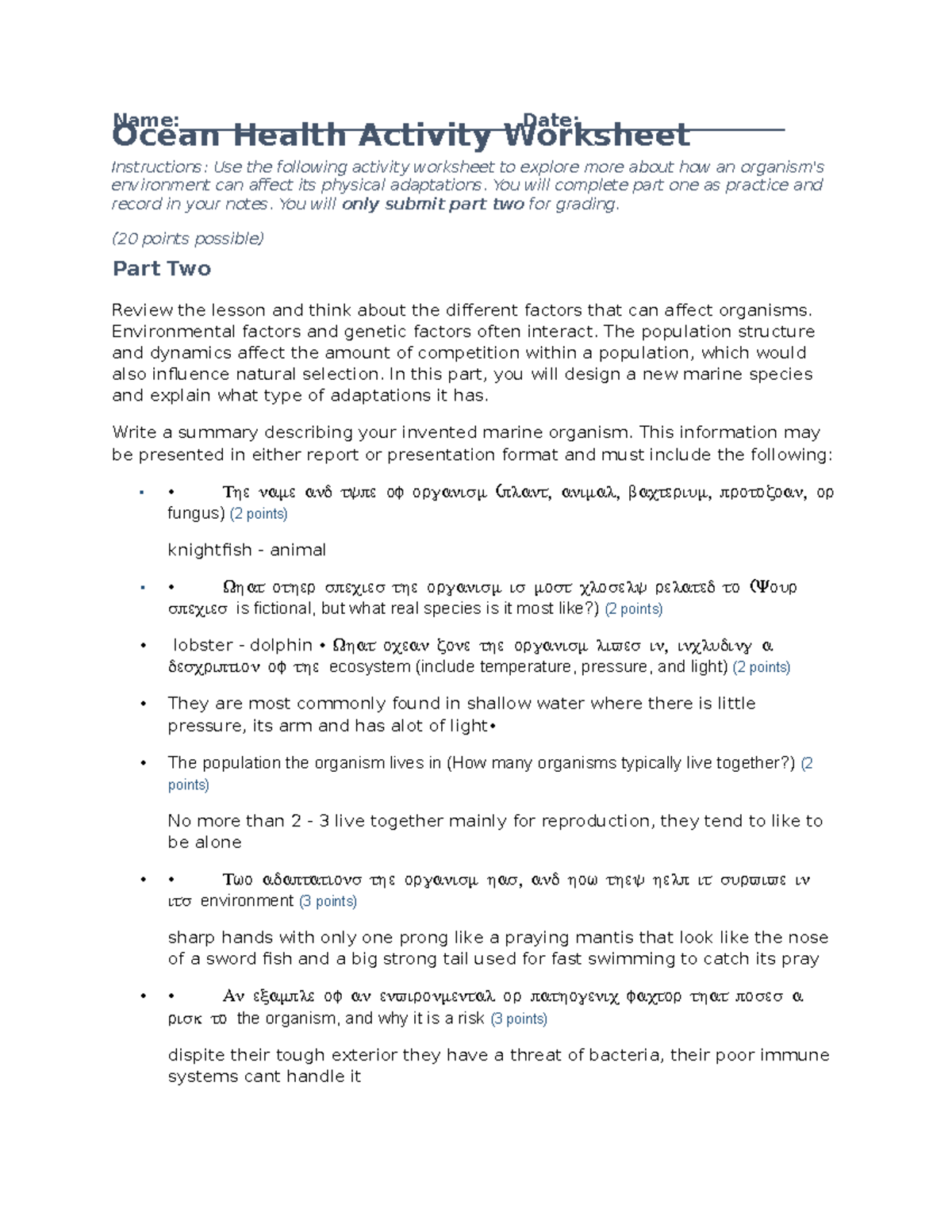Ocean health worksheet - Name:____________________________________ Date