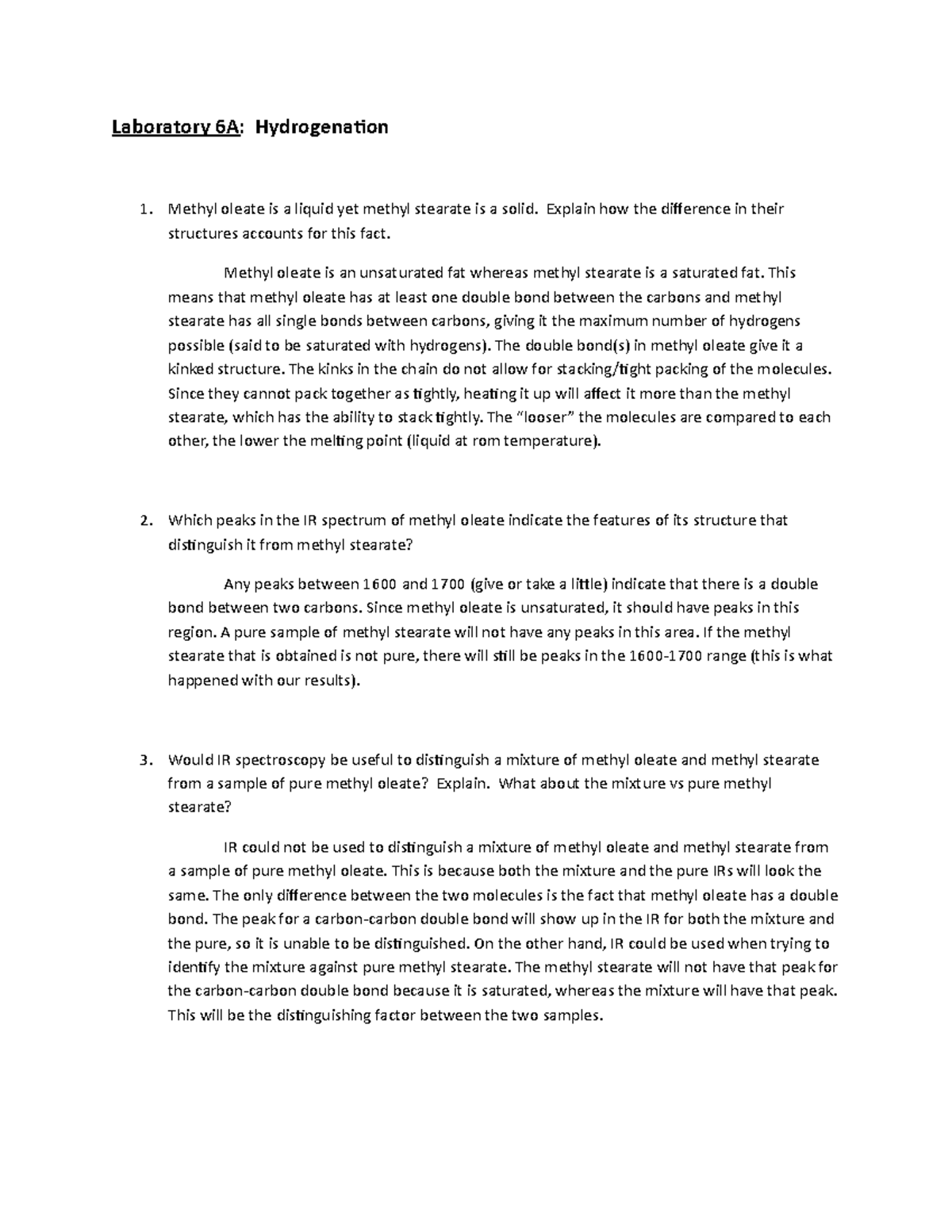 Hydrogenation Discussion 2 - Laboratory 6A: Hydrogenation 1. Methyl ...