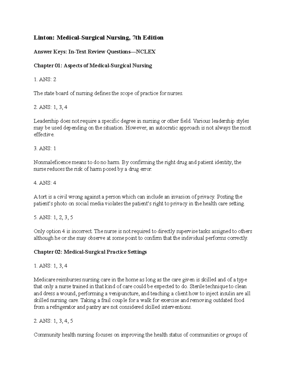 AK Nclex - Linton: Medical-Surgical Nursing, 7th Edition Answer Keys ...