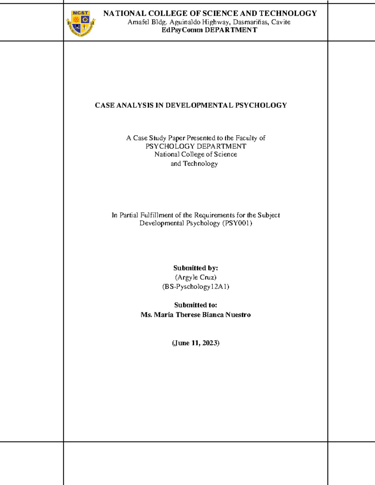 Case Study for Developmental Psychology - Amafel Bldg. Aguinaldo ...