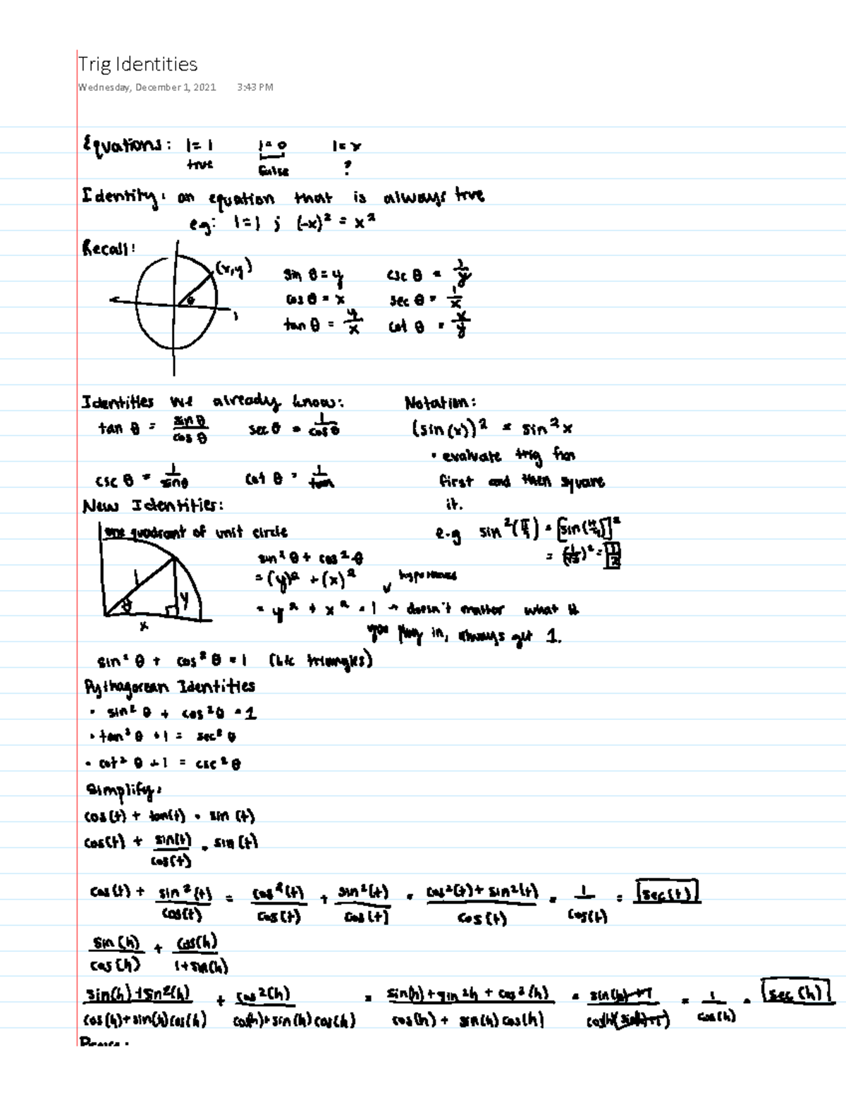 Trig identities - MATH 9 - dƌŝŐ /ĚĞŶƚŝƚŝĞƐ tĞĚŶĞƐĚĂLJ͕ ĞĐĞŵďĞƌ ϭ͕ ϮϬϮϭ ...