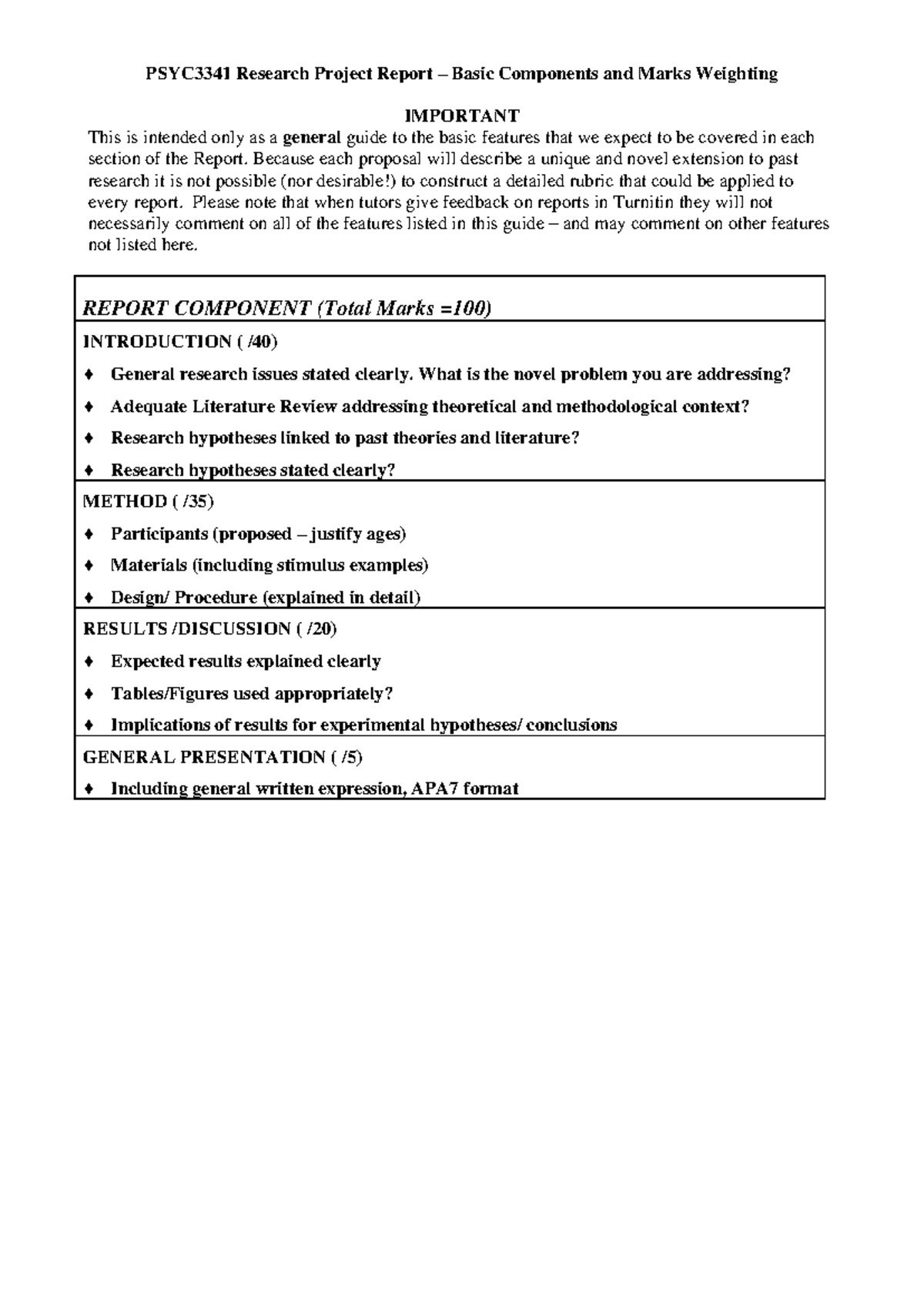 Research Project Marking Guide - PSYC334 1 Research Project Report ...