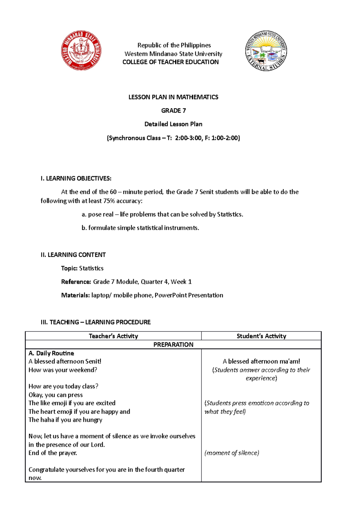 LP 2 - This lesson plan is about Statistics - Republic of the ...