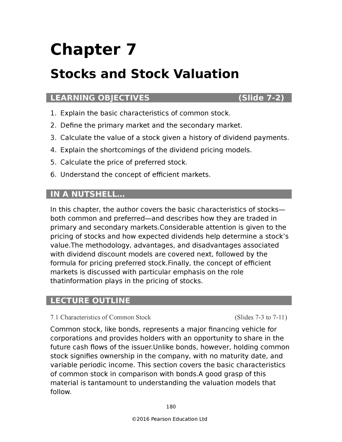 7th Chapter Finance Lecture Noter - Chapter 7 Stocks And Stock ...