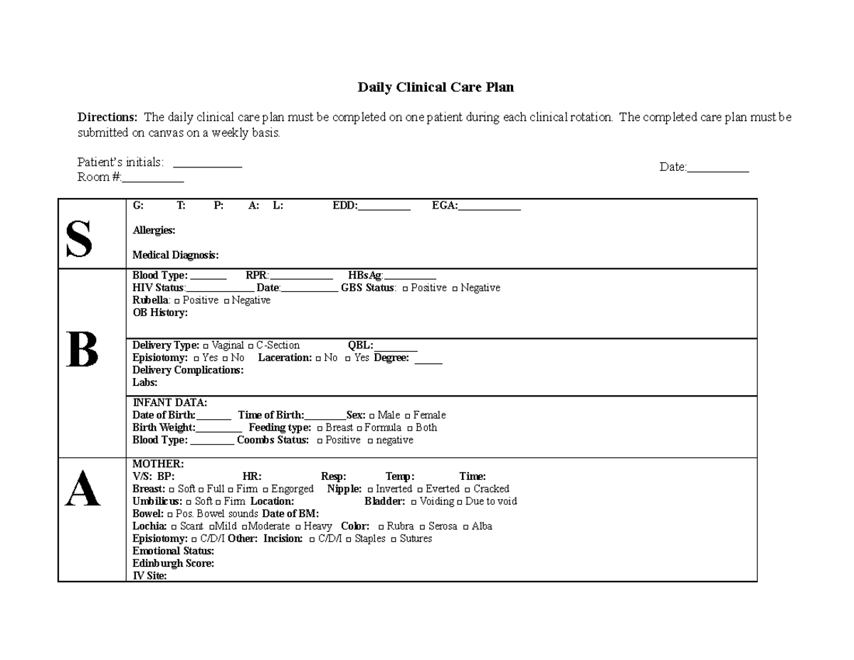 NURS 602 Daily care plan - Daily Clinical Care Plan Directions: The ...